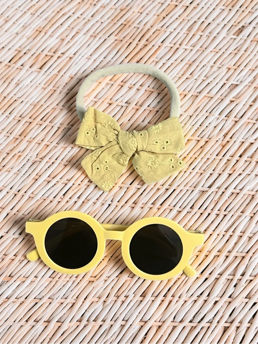 Toddler Mustard Yellow Embroidered Bow Headband & Round Retro Sunglasses Set